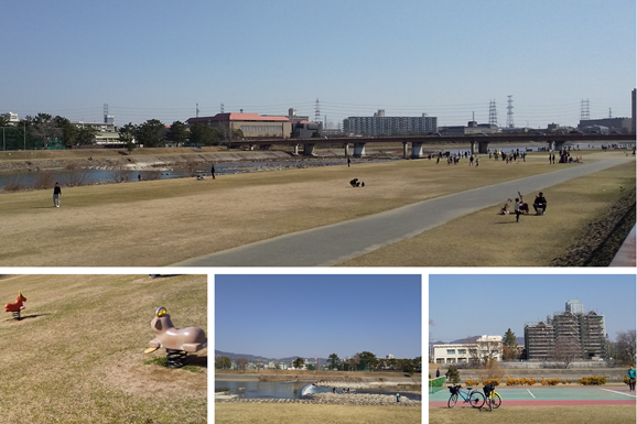 末広中央公園 横は 河川敷